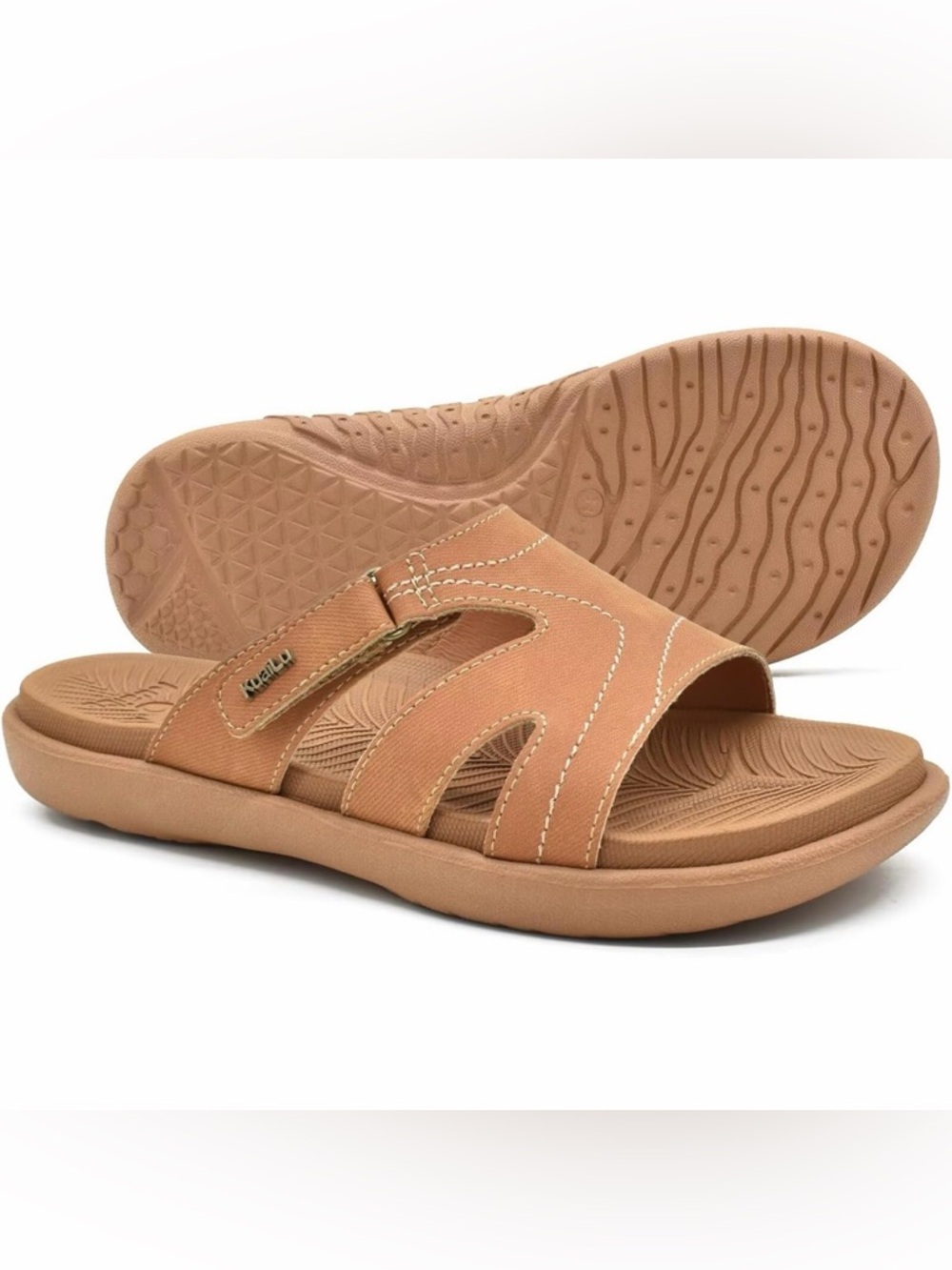 Kuailu Women's Tan Slide Sandals Slip-Ons orthotics arch support lightweight